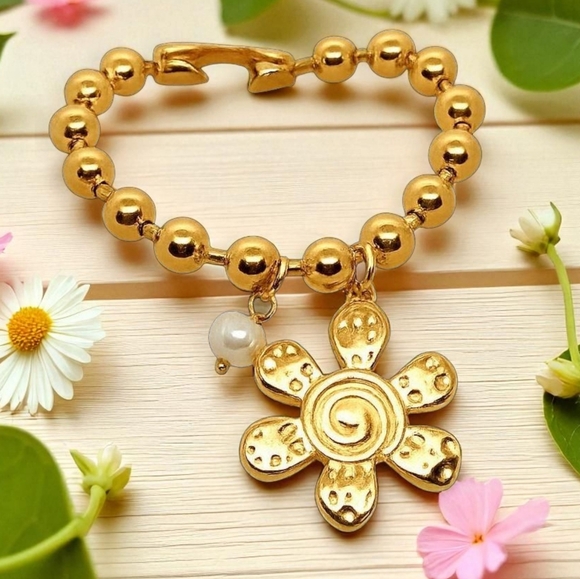 🆕️24K Gold Plated Chunky Beaded Bracelet with Freshwater Pearl & Flower Charm🌸 - Picture 1 of 15